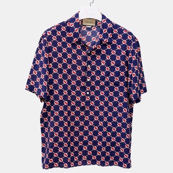 Gucci Navy and Red Monogram Silk Shirt - Picture 2 of 16